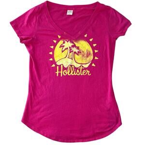 Hollister Cap Sleeve Bright Pink V Neck Tee Sparkle Sun Palm Tree Graphic Large